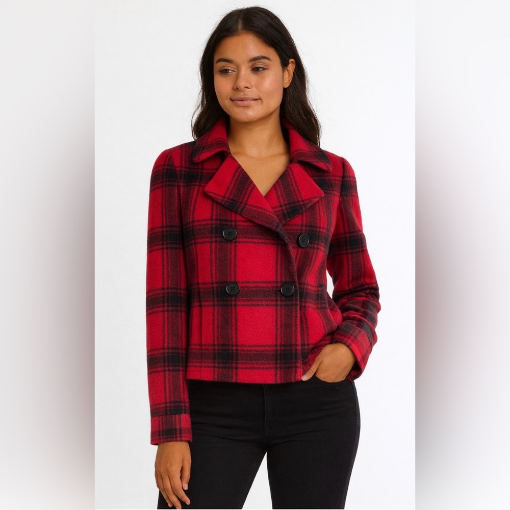 Talbots Buffalo Print Red and Black Short Jacket with Buttons Wool